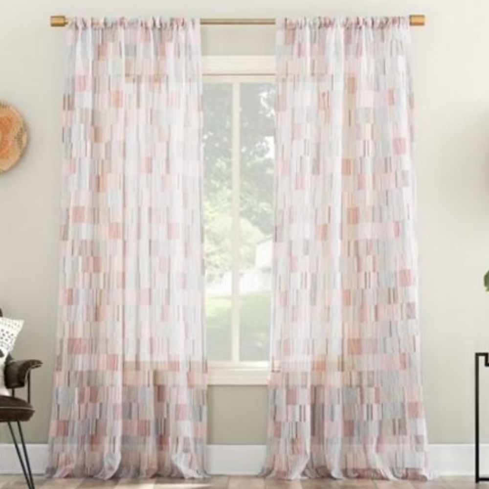 No. 918 Colby Offset Stripes Sheer Rod Pocket Curtain Panel; 2 Single Panels